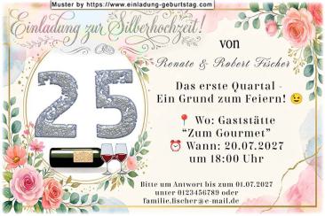 Die originelle Einladung zur Silberhochzeit mit Ihrer Jubiläumszahl in einer ovalen floralen Umrahmung