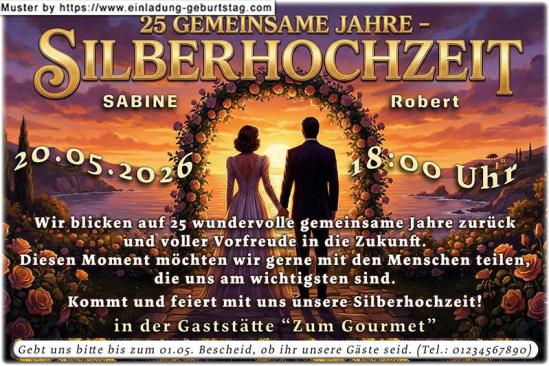 originelle Einladung zur Silberhochzeit - das romantische Bild vor einem Sonnenuntergang