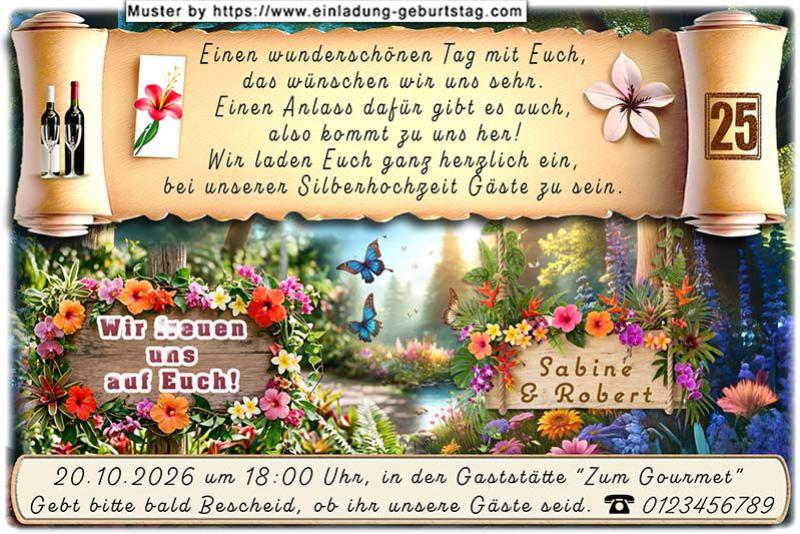 Die Einladungskarte zur Silberhochzeit mit dem geschwungenen Text