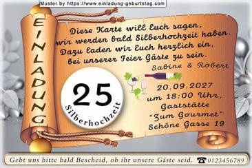 Die originelle Einladung zur Silberhochzeit mit Ihrem Text auf einer goldfarbigen Schriftrolle