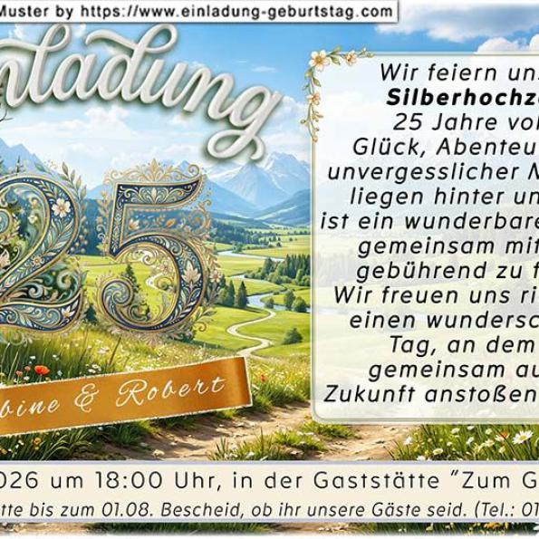 Die Einladungskarte zur Silberhochzeit mit der Zahl 25 in einer Sonnenblume