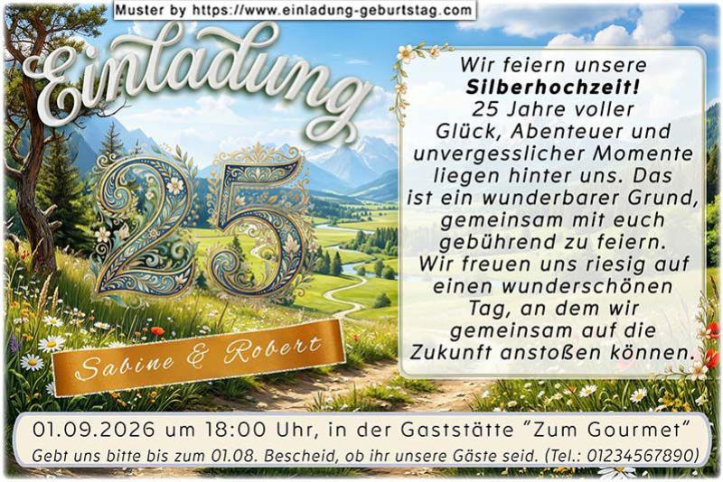 originelle Einladung zur Silberhochzeit - die Zahl 25 vor einem Naturbild
