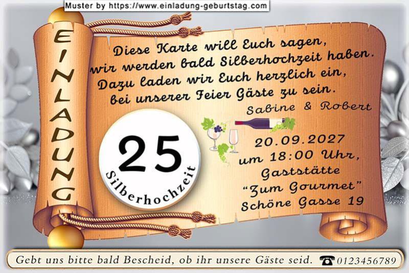 Die originelle Einladung zur Silberhochzeit mit Ihrem Text auf einer goldfarbigen Schriftrolle
