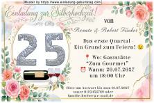 Die originelle Einladung zur Silberhochzeit mit Ihrer Jubiläumszahl in einer ovalen floralen Umrahmung