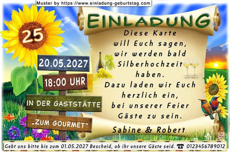 Die originelle Einladung zur Silberhochzeit mit Ihrer Jubiläumszahl in einer Sonnenblume und Datum, Uhrzeit und Ort auf einem Wegweiser