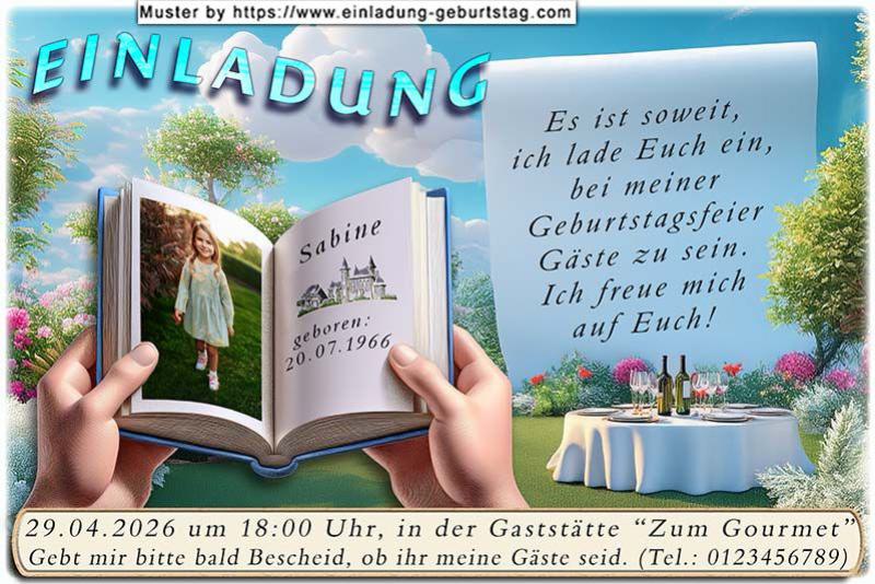 Die Einladung zum Geburtstag mit Ihrem Foto in der linken Seite eines Buches. Auf der rechten Buchseite befinden sich oben Ihr Name und unten Ihr Geburtstagsdatum.