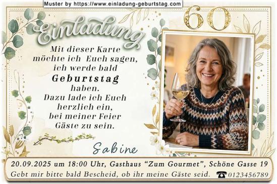 Die Einladung zum Geburtstag mit Ihrem Foto. Eine dezent dekorierte Einladungskarte mit Ihrem umrahmten Foto. Über Ihr Foto wird Ihr Alter eingesetzt.