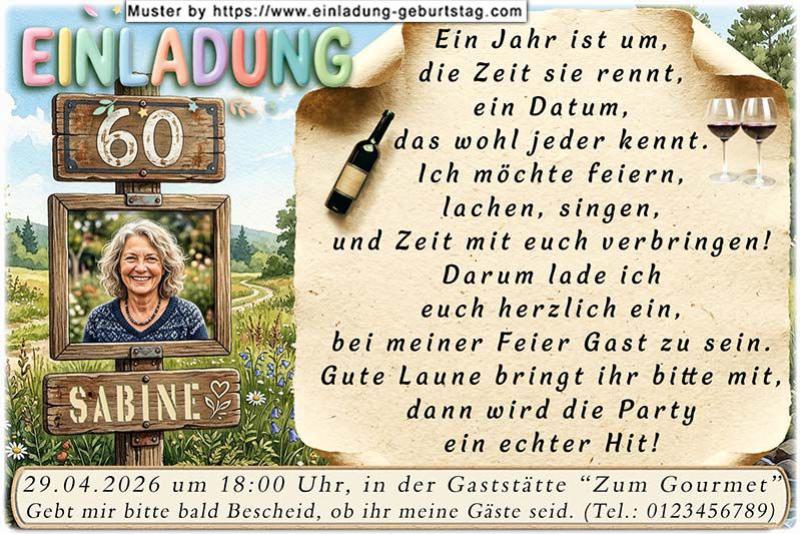 Die Einladung zum Geburtstag mit Ihrem Foto - der originelle Wegweiser in der Blumenwiese. Oben befindet sich Ihr Alter, in der Mitte ein Foto von Ihnen und unten Ihr Name.