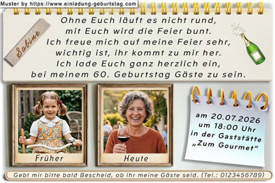 Die Einladung zum Geburtstag mit Ihrem Foto - Früher und heute, 2 Ihrer Fotos nebeneinander aus verschiedenen Lebenszeiten als Einladungskarte zum Geburtstag.
