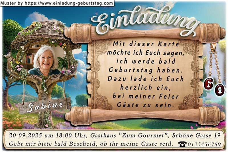 Die Einladung zum Geburtstag mit Ihrem Foto, umgeben von Ästen neben eine nostalgische Schriftrolle, auf der sich Ihr Einladungstext befindet.