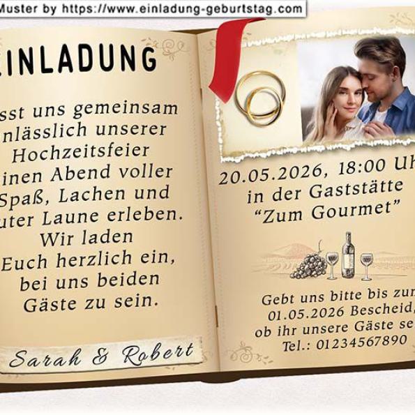 Die Einladungskarte zur Hochzeit mit Ihrem Foto und den Wünschen für Ihre Zukunft
