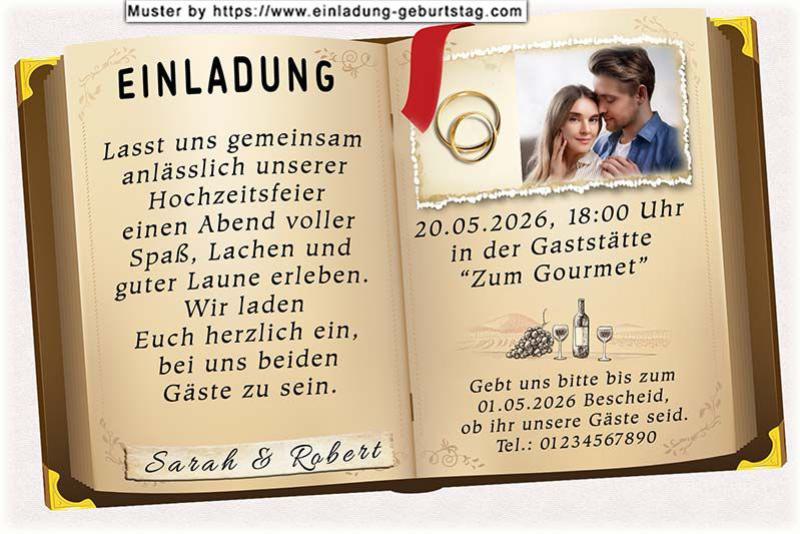 Die Einladungskarte zur Hochzeit mit Ihrem Foto und den Wünschen für Ihre Zukunft