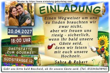 Die Einladung zur Hochzeit mit Ihrem Foto über einem Wegweiser, der die Angaben zu Datum, Uhrzeit und Ort enthält