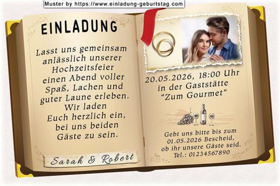 Die Hochzeitseinladung mit Ihrem Foto auf der Seite eines aufgeschlagenen Buches