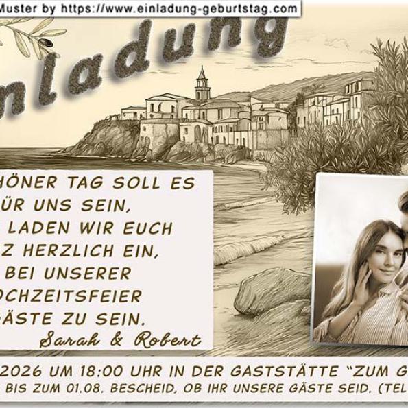 Die Einladungskarte zur Hochzeit mit Ihrem Foto auf einer Goldpapierrolle