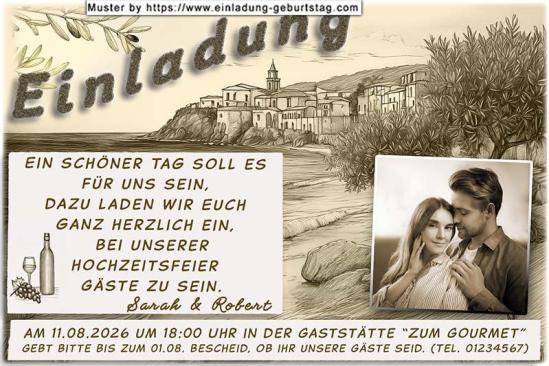 Die Hochzeitseinladung mit Ihrem Foto in Sepia vor einem mediterranen Hintergrund