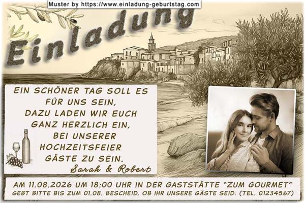 Die Hochzeitseinladung mit Ihrem Foto in Sepia vor einem mediterranen Hintergrund