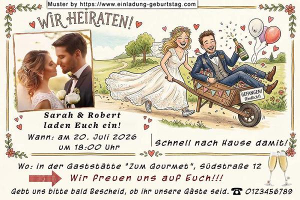 Die lustige Hochzeitseinladung mit Ihrem Foto und einer Karikatur von einem Mann in der Schubkarre