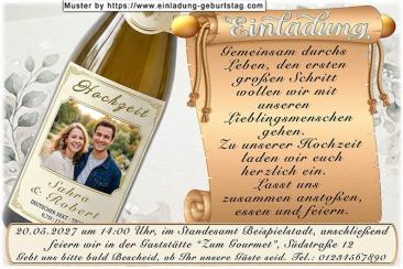 Die Einladung zur Hochzeit mit Ihrem Foto auf dem Etikett einer Sektflasche