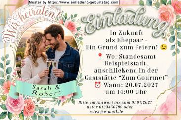 Die Einladung zur Hochzeit mit Ihrem Foto in einem floralen ovalen Rahmen