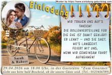 Die Hochzeitseinladung mit Ihrem Foto rund ausgeschnitten über einem Tandem