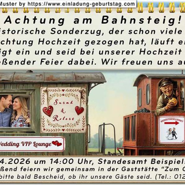 Die Einladungskarte zur Hochzeitsfeier mit Ihrem Foto und dem Feier Alarm