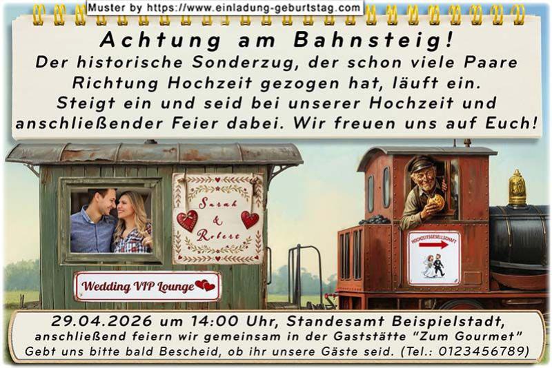Die Einladungskarte zur Hochzeitsfeier mit Ihrem Foto und dem Feier Alarm