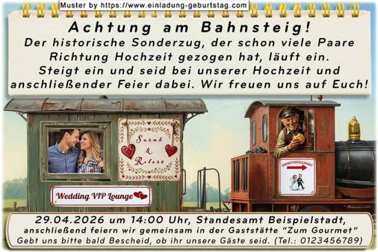 Die Hochzeitseinladung mit Ihrem Foto im Waggon eines lustigen Sonderzuges zu Ihrer Feier