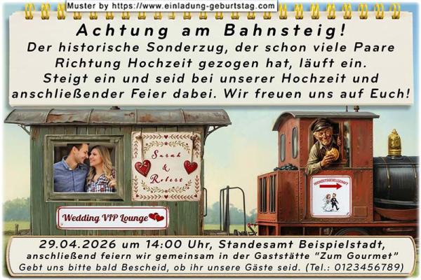 Die Hochzeitseinladung mit Ihrem Foto im Waggon eines lustigen Sonderzuges zu Ihrer Feier
