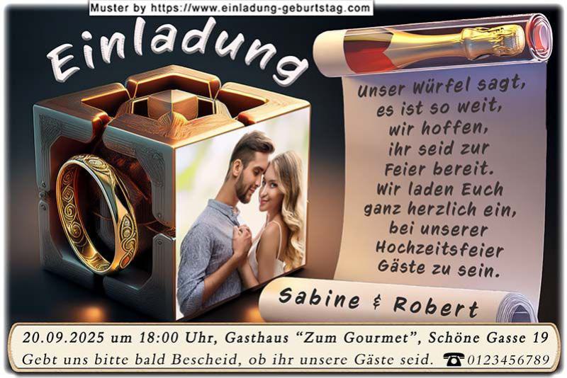Die Hochzeitseinladung mit Ihrem Foto und Eheringen als Seite eines Würfels