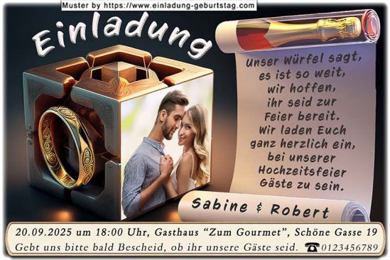 Die Hochzeitseinladung mit Ihrem Foto und Eheringen als Seite eines Würfels