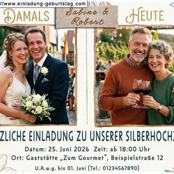 Die Einladungskarte zur Silberhochzeit mit Ihrem Foto auf einer Goldpapierrolle