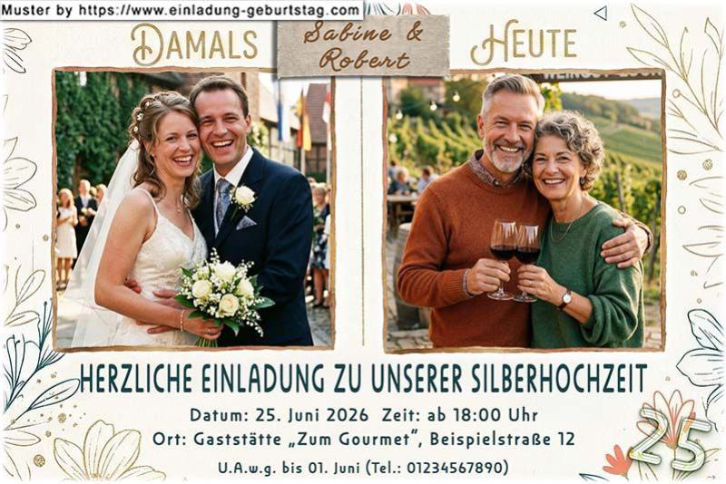 Die Einladung zur Silberhochzeit mit 2 Ihrer Fotos nebeneinander - Damals und Heute 