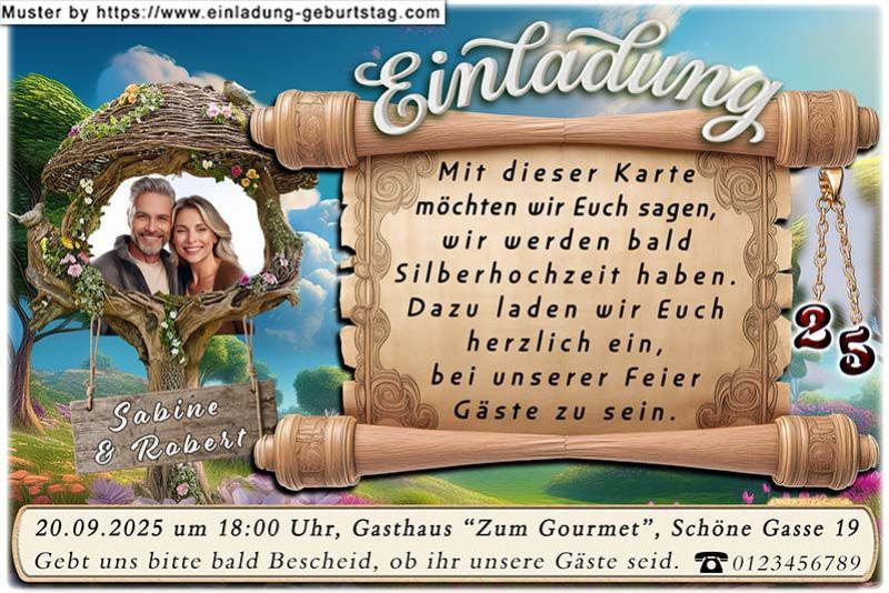 Die Einladung zur Silberhochzeit mit Ihrem Foto neben einer Schriftrolle