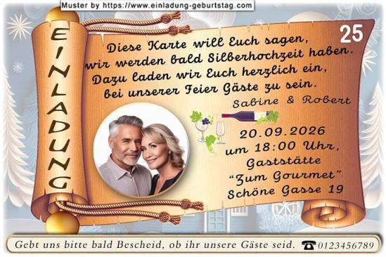 Die Einladung zur Silberhochzeit mit Ihrem Foto auf einer Schriftrolle
