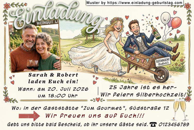 Die Einladung zur Silberhochzeit mit Ihrem Foto neben einem lustigen Bild