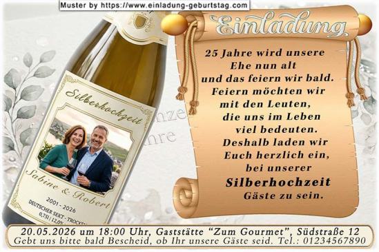 Die Einladung zur Silberhochzeit mit Ihrem Foto auf dem Etikett einer Sektflasche