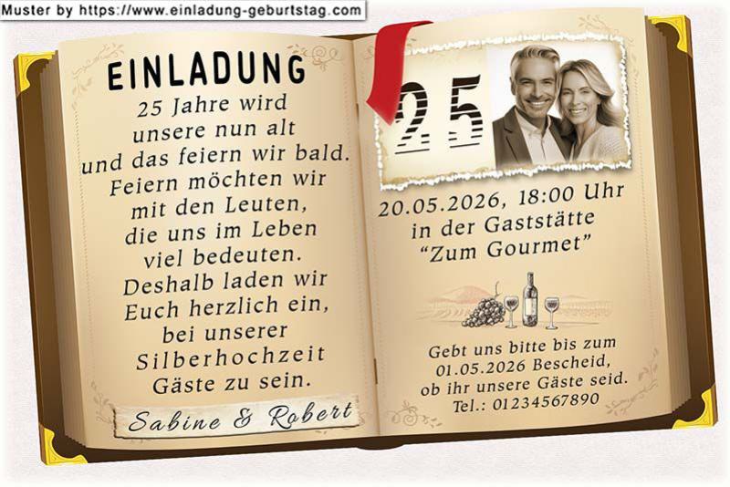 Die Einladung zur Silberhochzeit mit Ihrem Foto auf der Seite eines aufgeschlagenen Buches