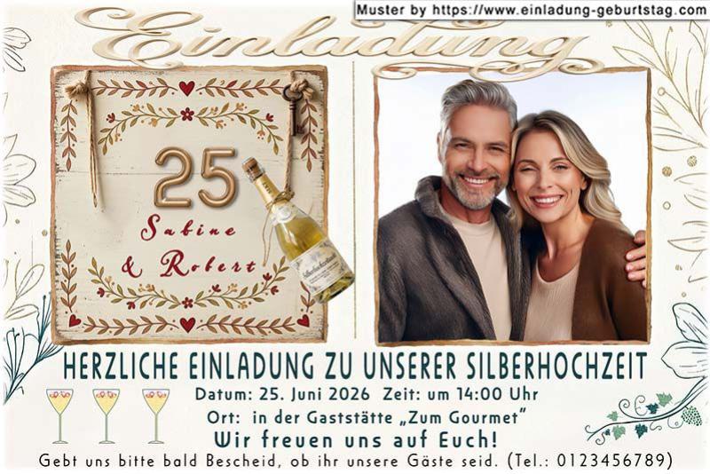 Die Einladung zur Silberhochzeit mit Ihrem Foto neben Ihrer Jubiläumszahl 25