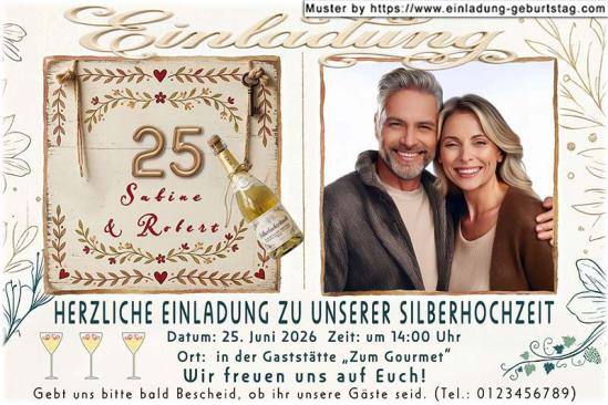 Die Einladung zur Silberhochzeit mit Ihrem Foto neben Ihrer Jubiläumszahl 25