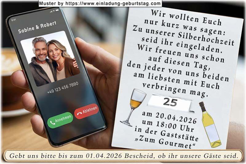 Die Einladung zur Silberhochzeit mit Ihrem Foto auf dem Display eines Handys