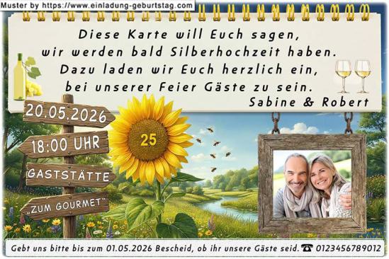 Die Einladung zur Silberhochzeit mit Ihrem Foto in einem rustikalen Holzrahmen