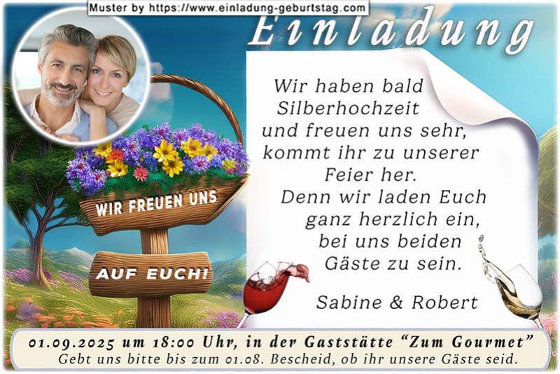 Die Einladung zur Silberhochzeit mit Ihrem Foto rund ausgeschnitten über einem Blumenkorb