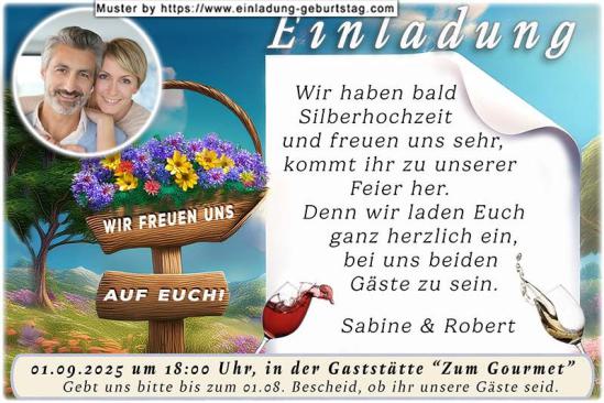 Die Einladung zur Silberhochzeit mit Ihrem Foto rund ausgeschnitten über einem Blumenkorb
