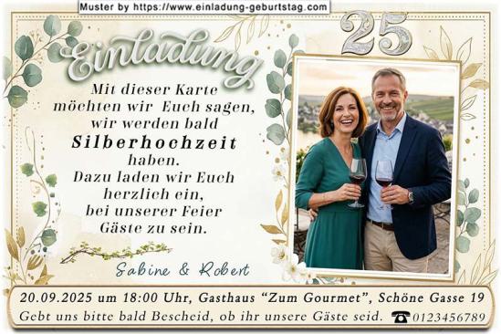 Die Einladung zur Silberhochzeit mit Ihrem Foto auf einer dezent dekorativen Karte