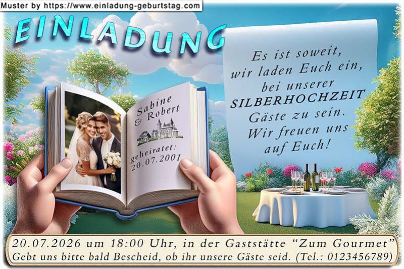 Die Einladung zur Silberhochzeit mit Ihrem Foto als Seite eines aufgeschlagenen Buches
