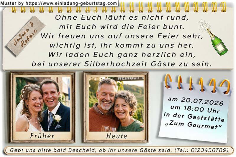Die Einladung zur Silberhochzeit mit 2 Ihrer Fotos in einem dekorativen Rahmen 