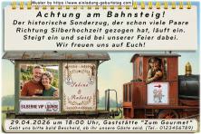 Die Einladung zur Silberhochzeit mit Ihrem Foto im Wagon, der von einer lustigen Dampflok gezogen wird
