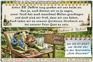Die lustige Einladung zur Goldenen Hochzeit mit dem Froschpaar, dass im Liegestuhl am Teich liegt und auf 50 Ehejahre anstößt