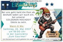 Diese lustige Einladung zur Goldenen Hochzeit zeigt Ihren Gästen, dass bei Ihrer Feier die Post abgehen wird
